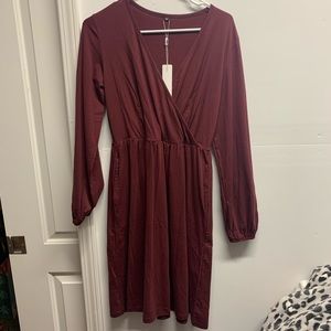 Women's V Neck Long Puff Sleeve Casual Swing Dress